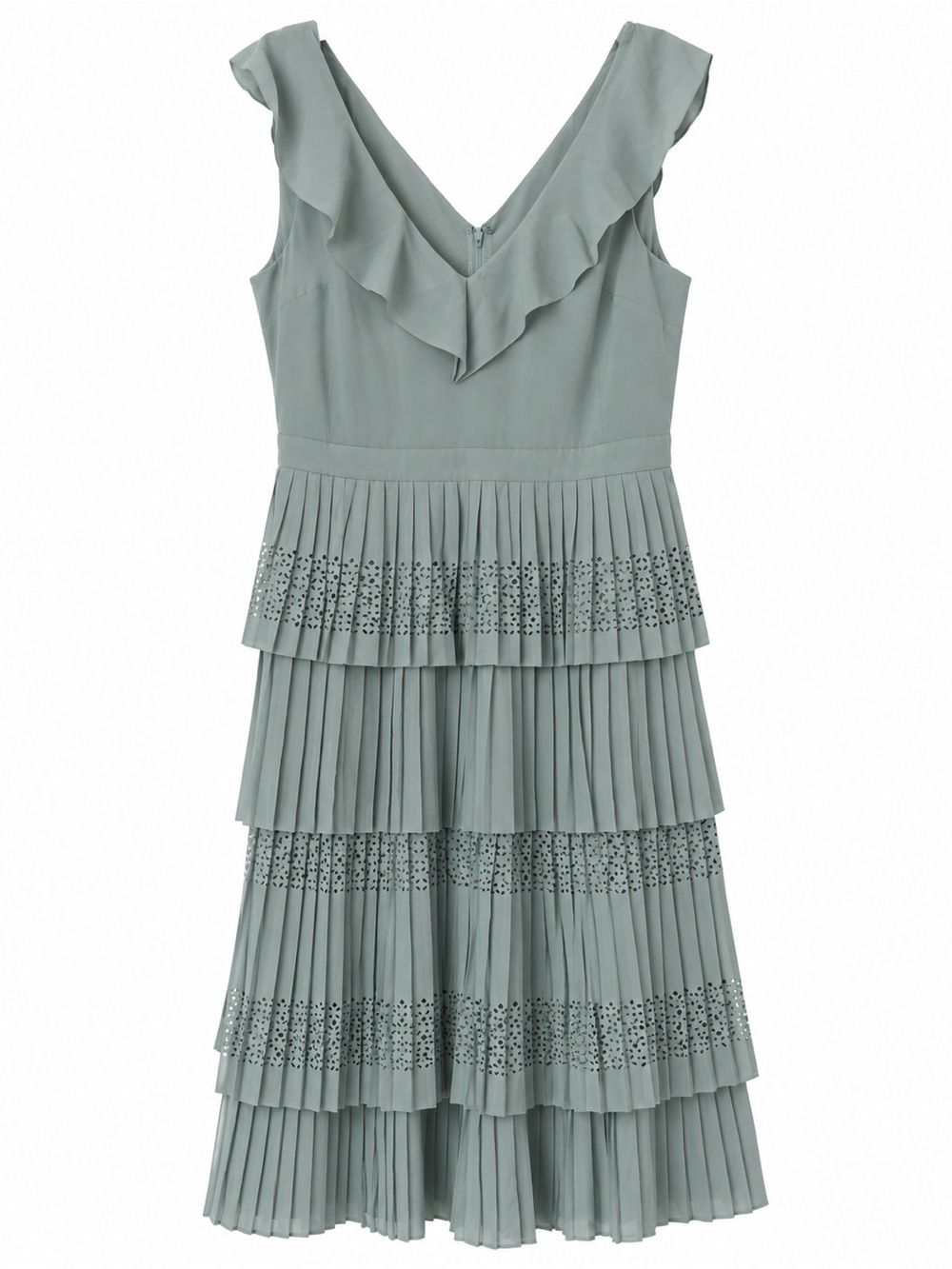 Banana Republic Sage Green Pleated Tiered Midi Dress Size 14 Ruffle V-Neck